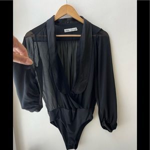 Zara Black Open Sheer Blouse Bodysuit X Small